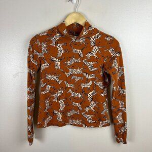 Maeve Anthropologie Adventurer Mock Neck Top Size XS Novelty Zebra Print Orange